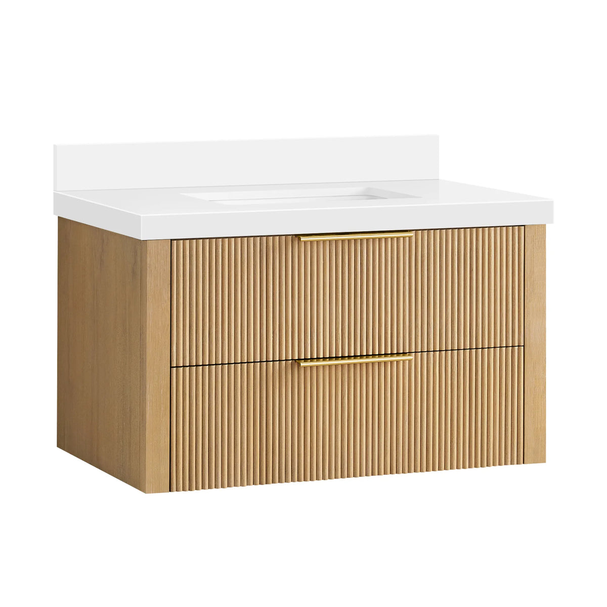 Wall-mounted Washed Ash Grey 36 inch single bathroom vanity, two corrugated drawers and brushed gold handles