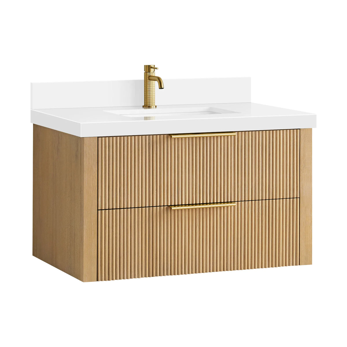 Floating Washed Ash Grey vanity on white with a gold faucet shown for styling (faucet not included)