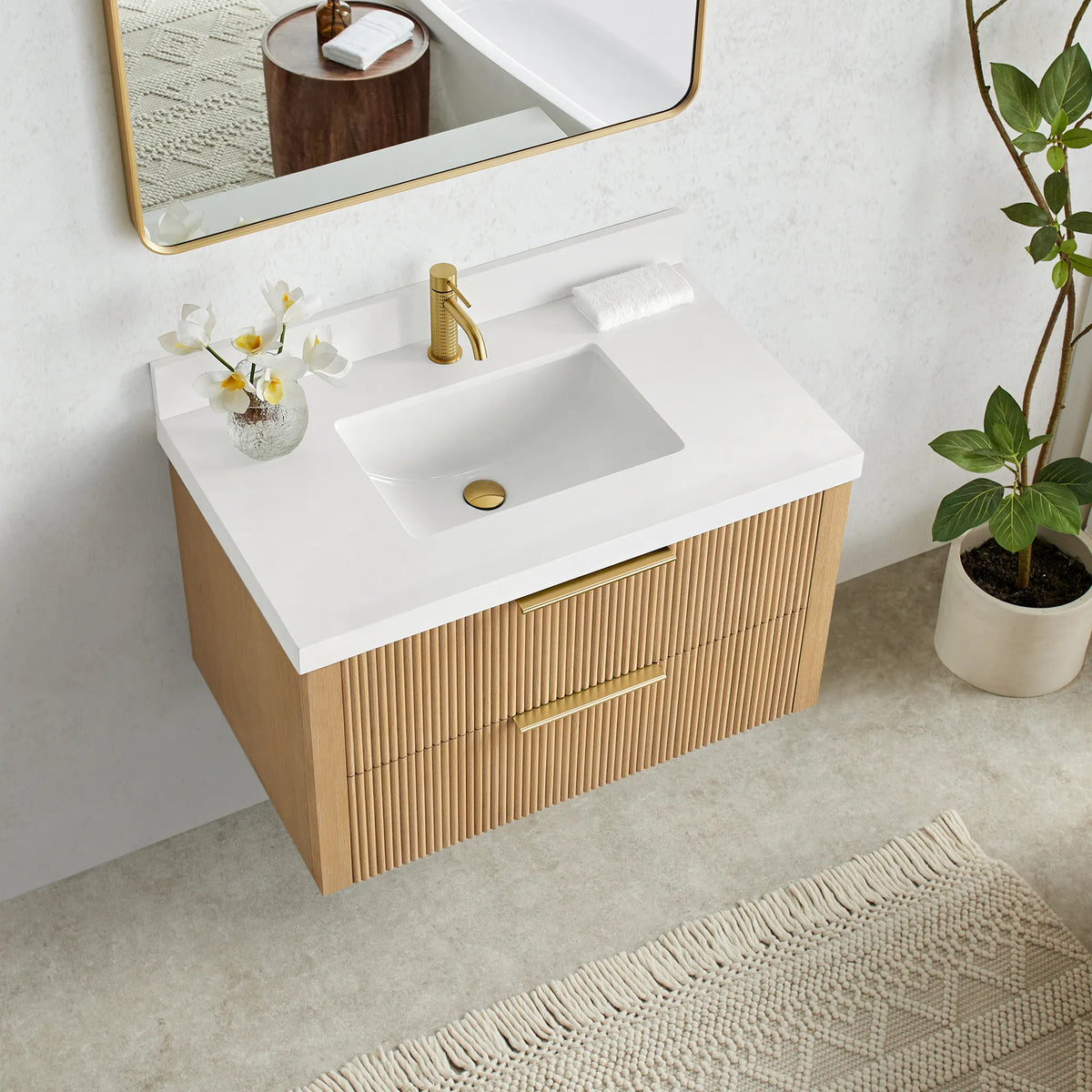 Overhead angle looking down at the quartz top, basin and Washed Ash Grey drawer fronts