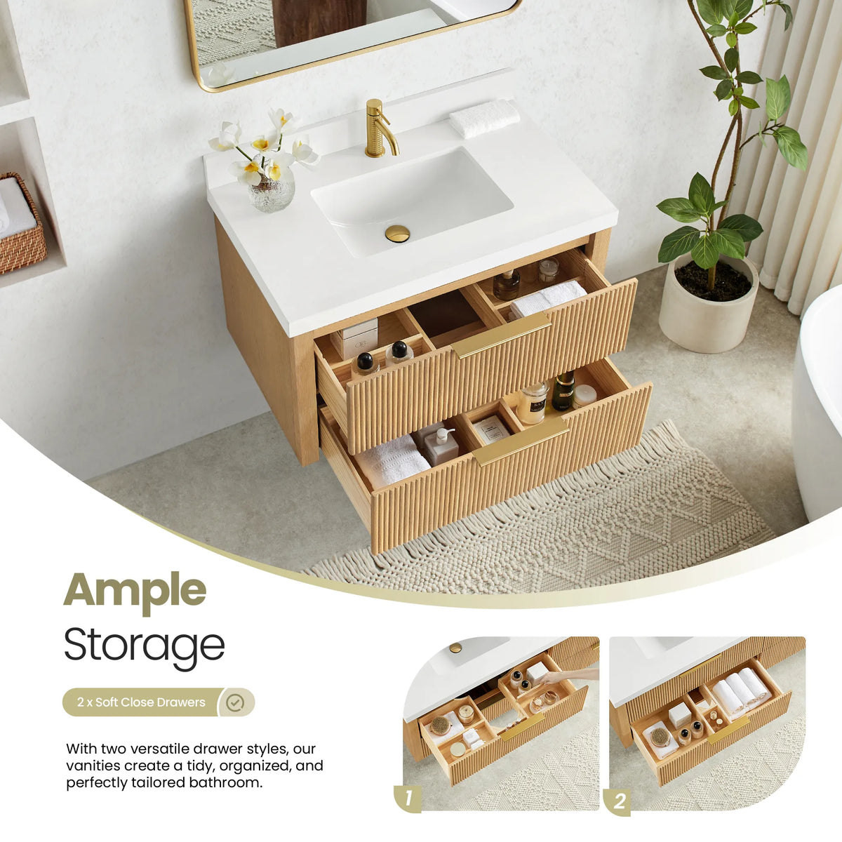 Drawers extended on the Washed Ash Grey vanity showing partitioned storage, with two close-up insets