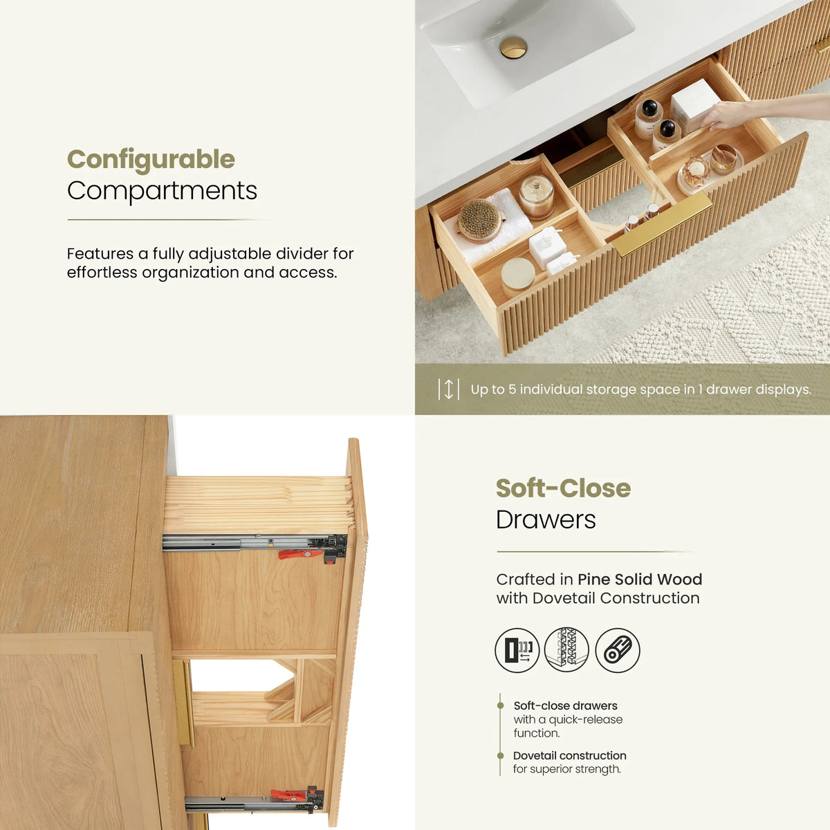 Open drawer with partition storage on the Washed Ash Grey vanity, beside a side view of a soft-closing dovetail drawer