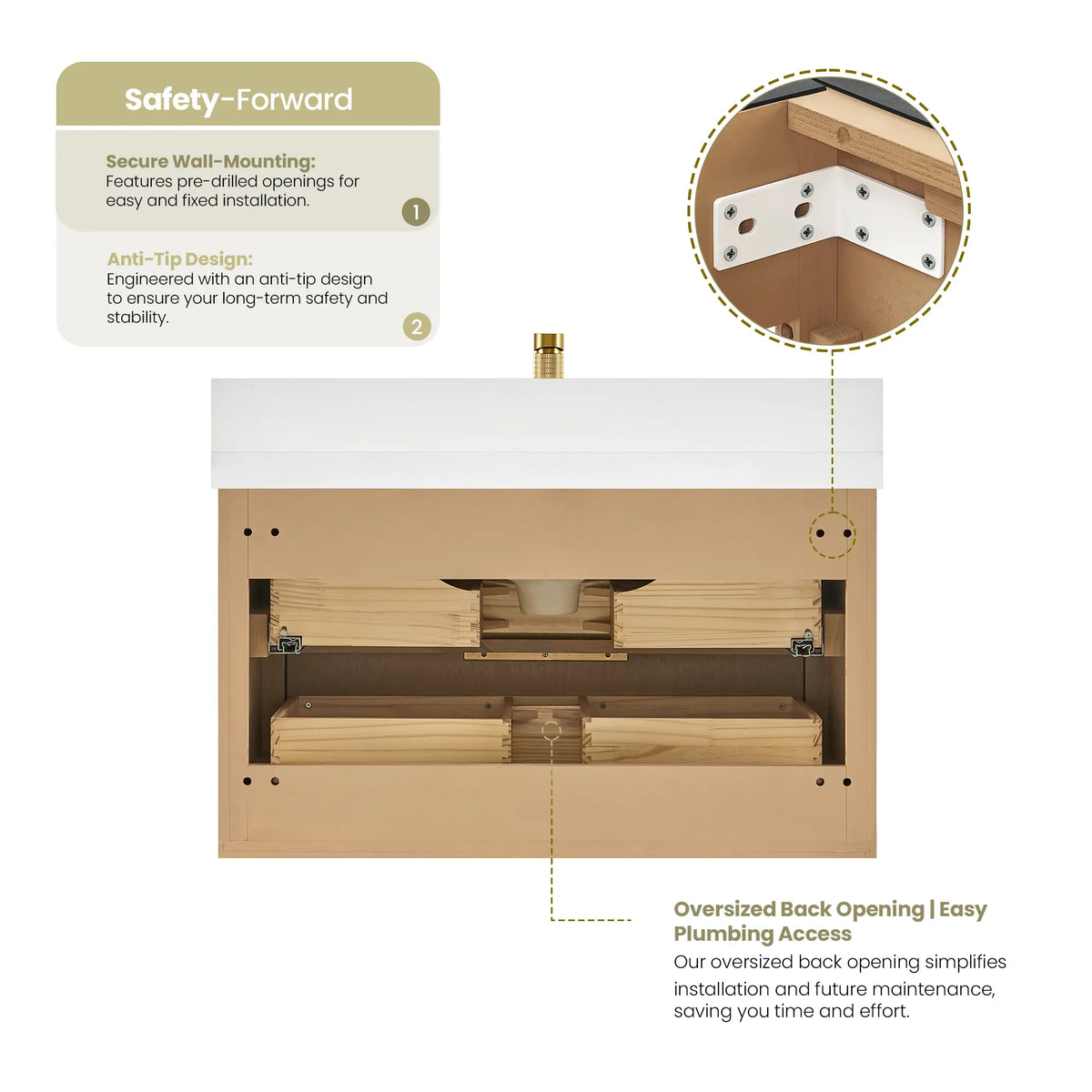 Back of the cabinet with an open rear for plumbing, plus notes on wall mounting and anti-tip design