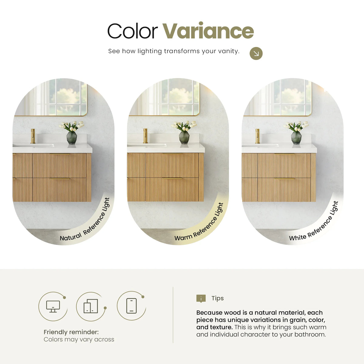 Tip card that wood color varies, with the Washed Ash Grey wall-mounted vanity in natural, warm and white reference light