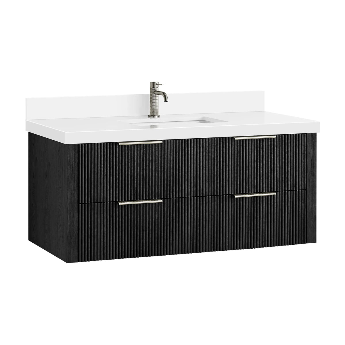 Floating Oak Weathered Black vanity on white with a silver faucet shown for styling (faucet not included)