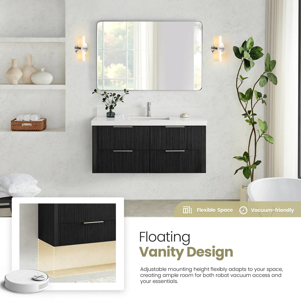 Floating 48 inch Oak Weathered Black single vanity with an inset of the clear floor space below and a robot vacuum