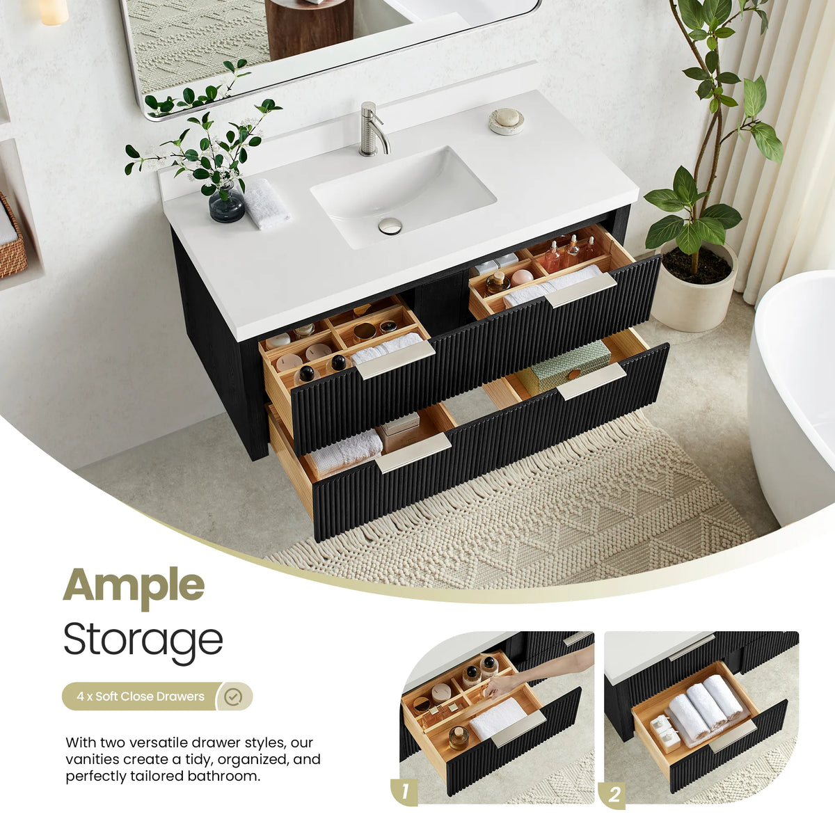 Drawers extended on the Oak Weathered Black vanity showing partitioned storage, with two close-up insets