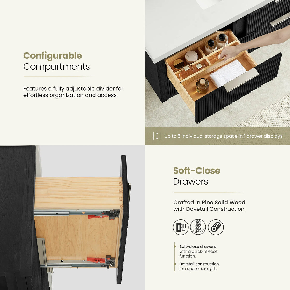 Open drawer with partition storage on the Oak Weathered Black vanity, beside a side view of a soft-closing dovetail drawer