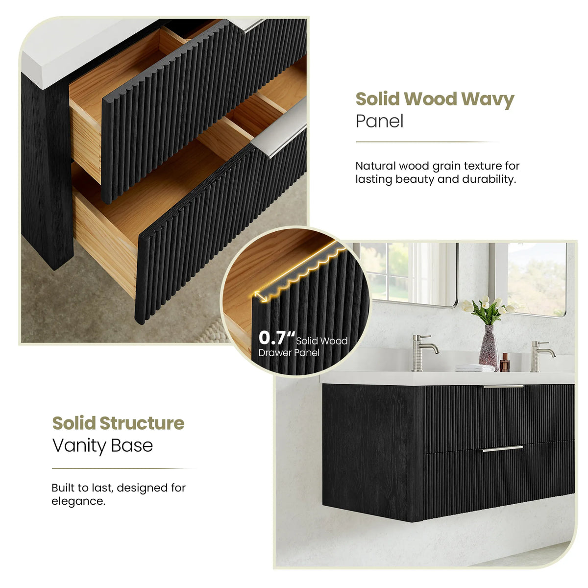 Fluted drawer panel detail with a magnified view of the wood profile, plus a side view of the vanity