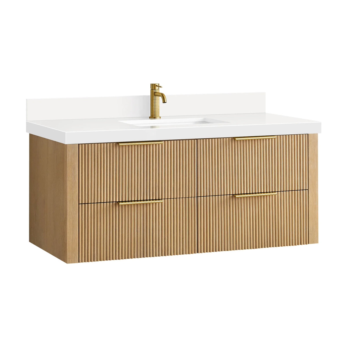 Floating Washed Ash Grey vanity on white with a gold faucet shown for styling (faucet not included)