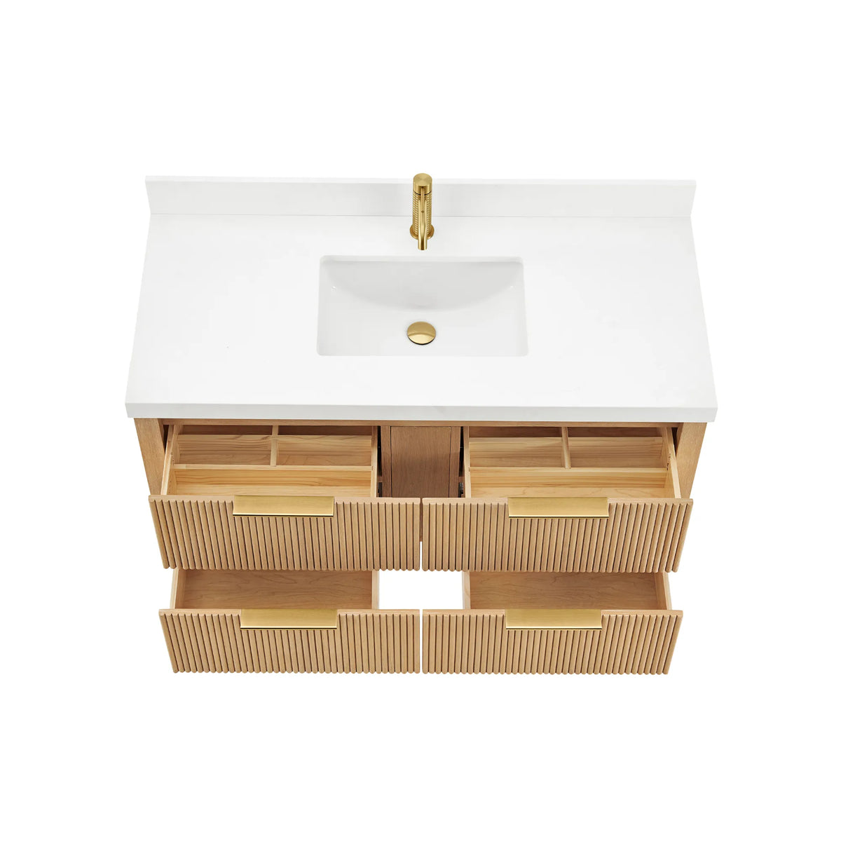 Drawers pulled out on the Washed Ash Grey vanity, showing built-in compartments inside