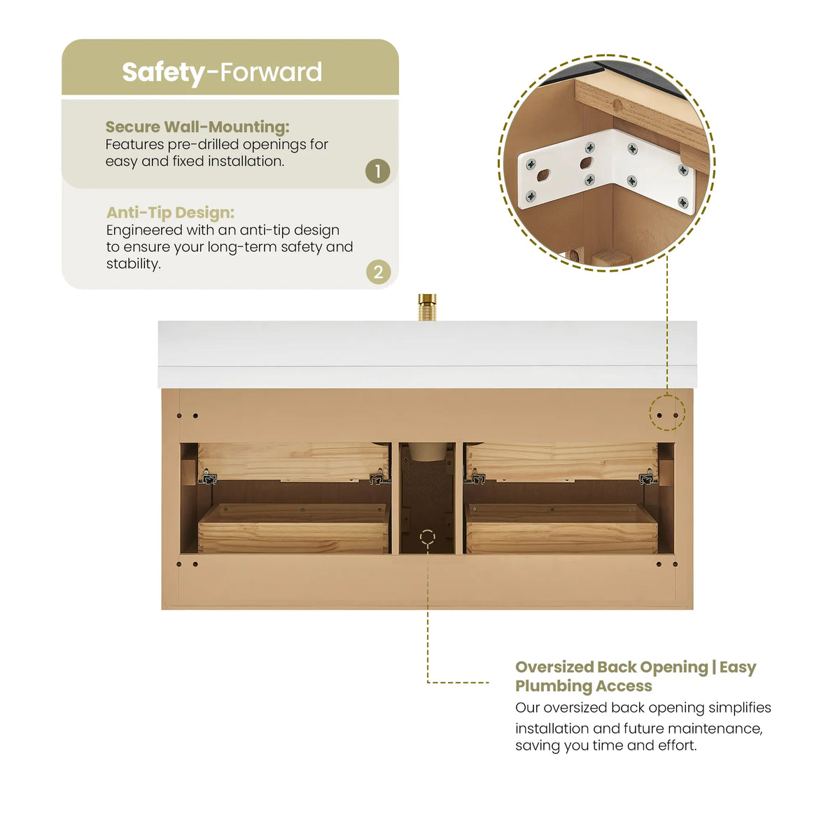 Back of the cabinet with an open rear for plumbing, plus notes on wall mounting and anti-tip design