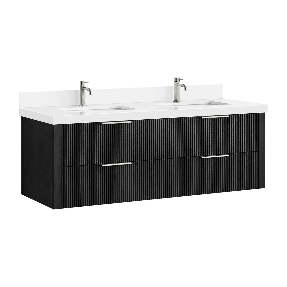 Floating Oak Weathered Black vanity on white with two silver faucets shown for styling (faucets not included)