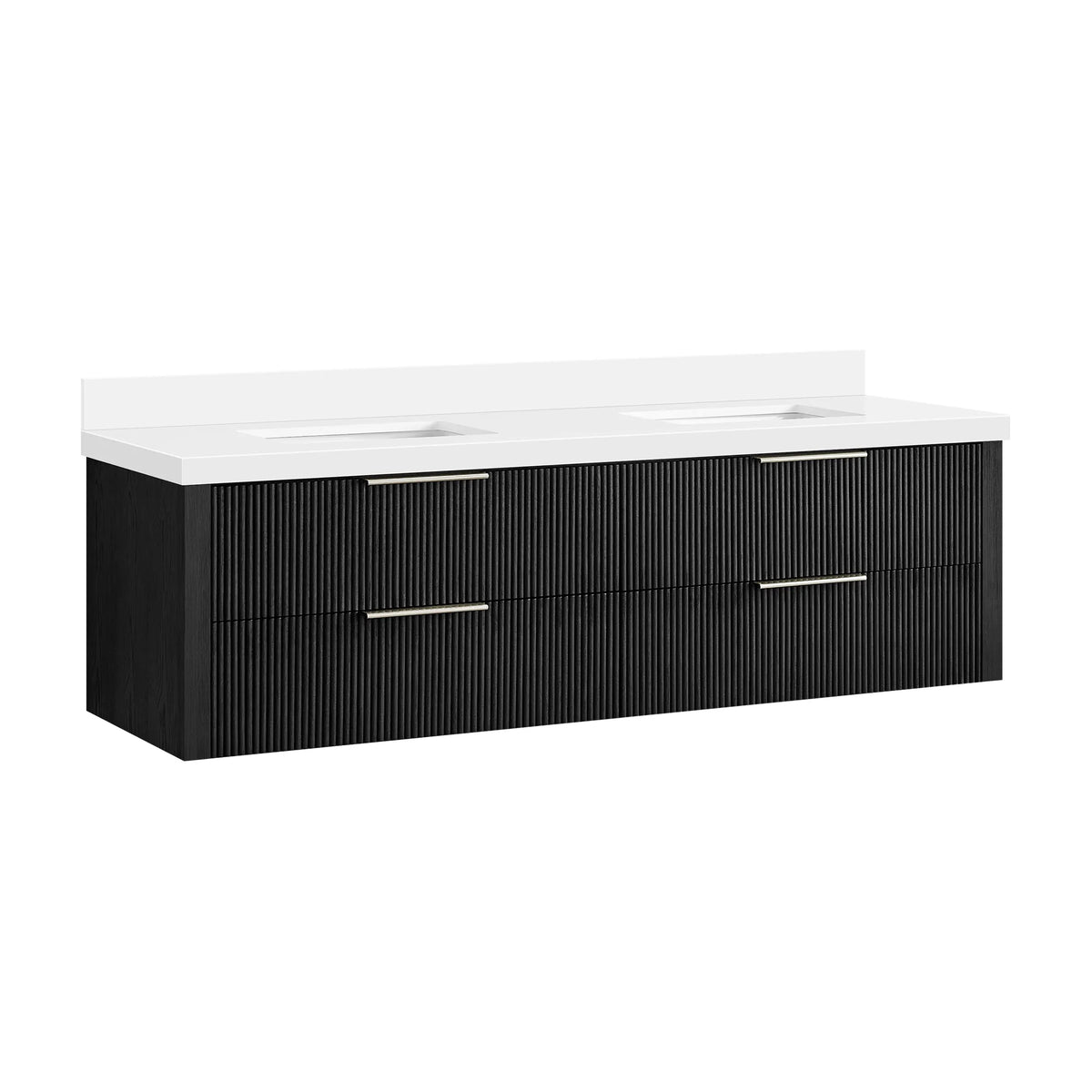 Wall-mounted Oak Weathered Black 72 inch double bathroom vanity, four corrugated drawers and brushed nickel handles