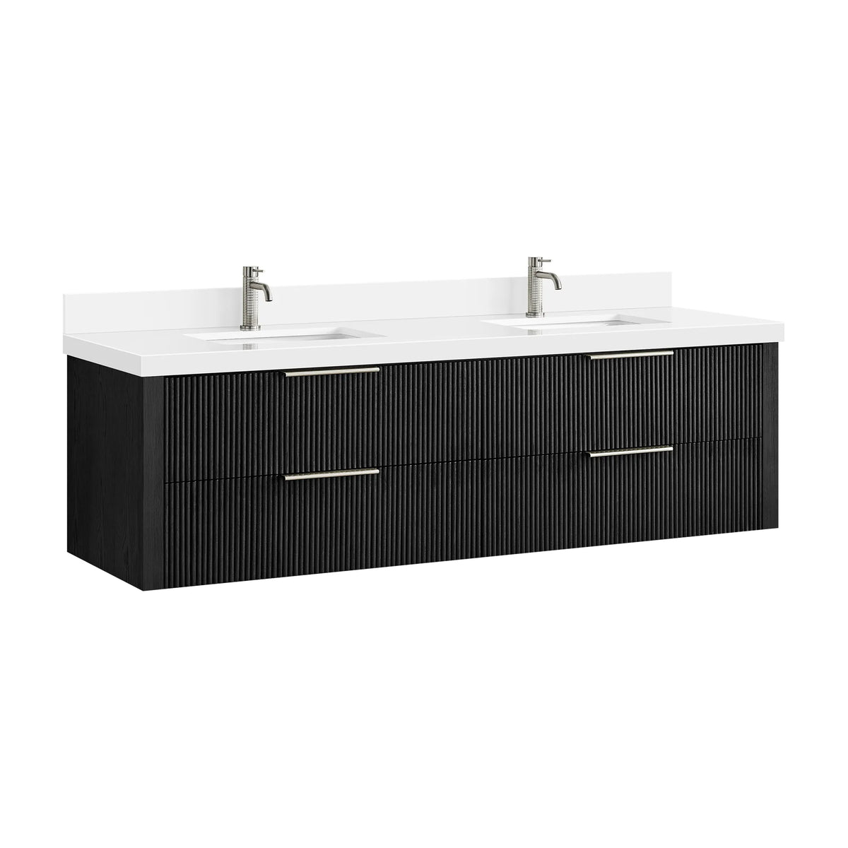 Floating Oak Weathered Black vanity on white with two silver faucets shown for styling (faucets not included)
