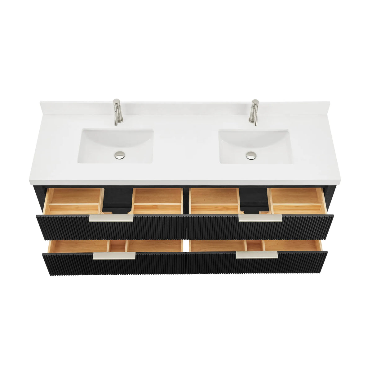 Drawers pulled out on the Oak Weathered Black vanity, showing built-in compartments inside