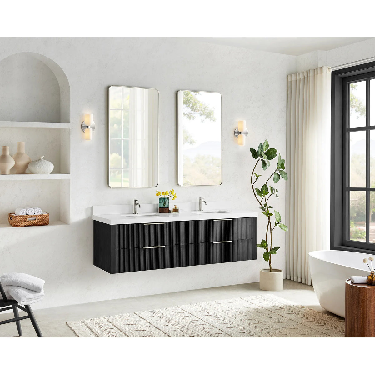 72 inch floating vanity in Oak Weathered Black, hung in a bright bathroom with a window, arched niche and soaking tub