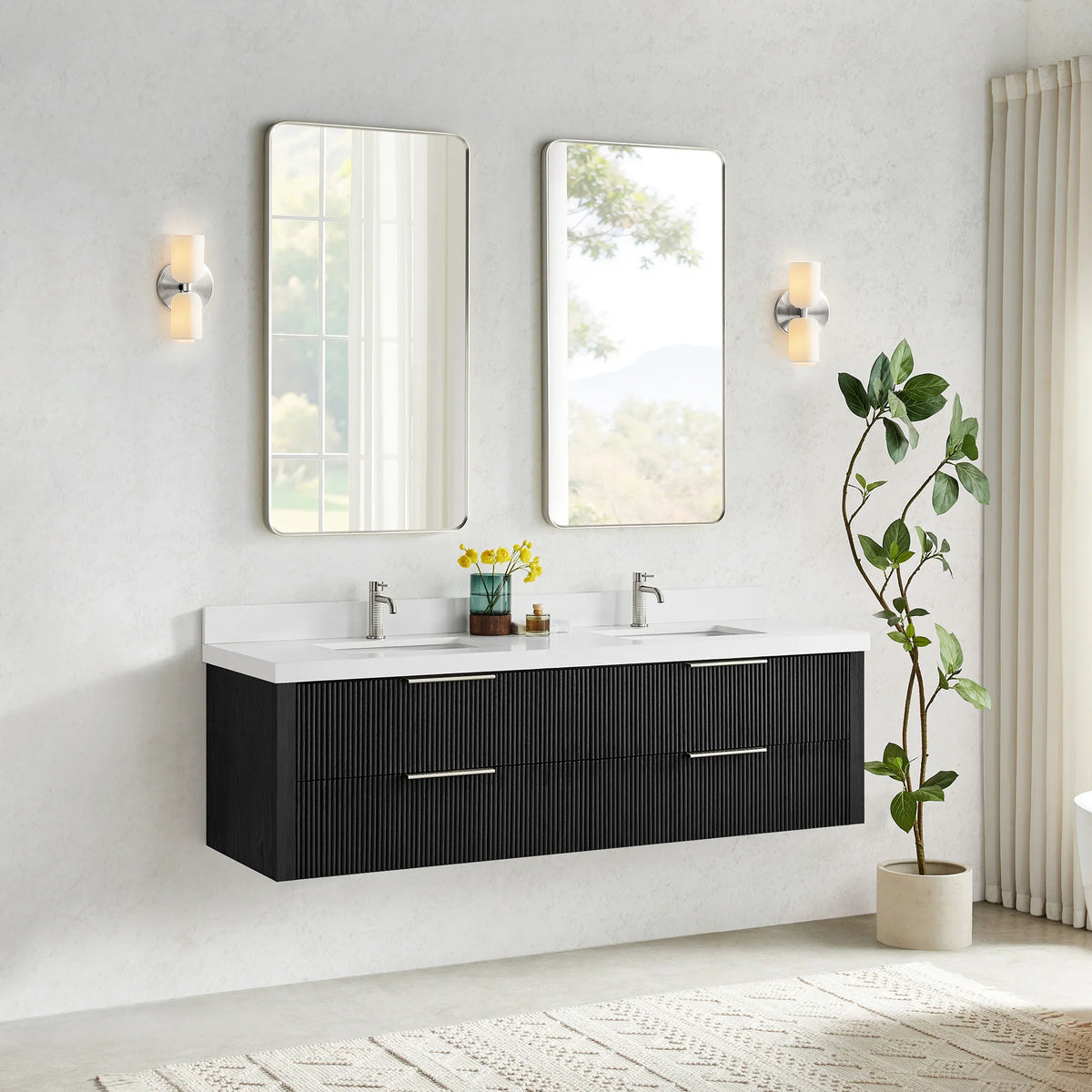 Oak Weathered Black floating vanity with sink and faucet, clear floor space below and a plant at right