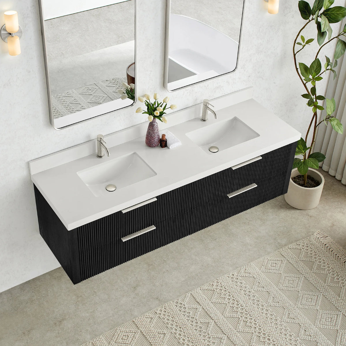 Overhead angle looking down at the quartz top, basin and Oak Weathered Black drawer fronts
