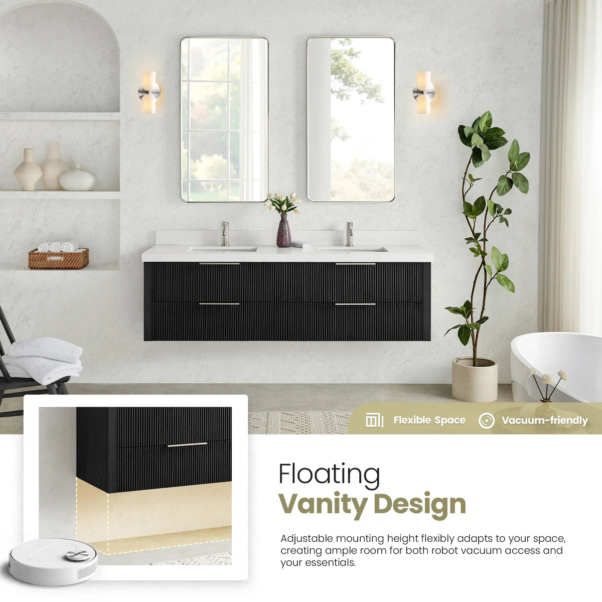 Floating 72 inch Oak Weathered Black double vanity with an inset of the clear floor space below and a robot vacuum