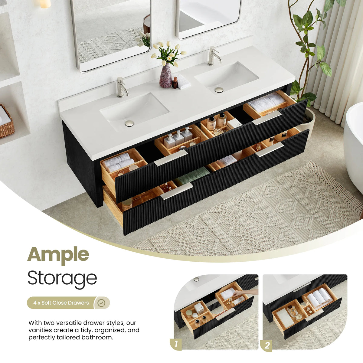 Drawers extended on the Oak Weathered Black vanity showing partitioned storage, with two close-up insets