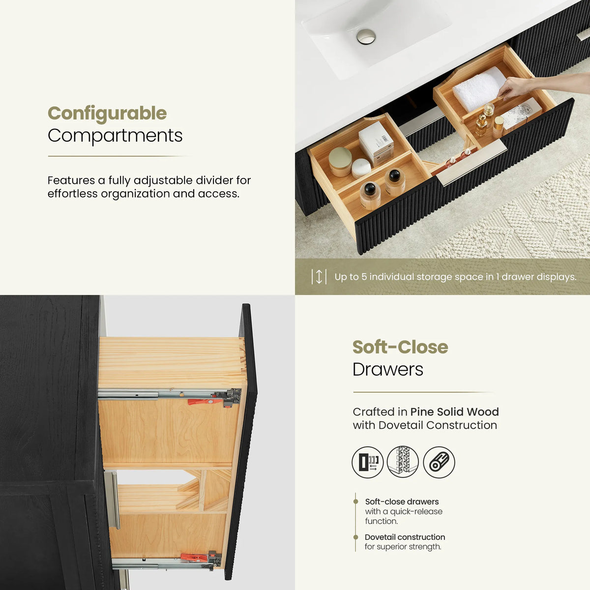 Open drawer with partition storage on the Oak Weathered Black vanity, beside a side view of a soft-closing dovetail drawer