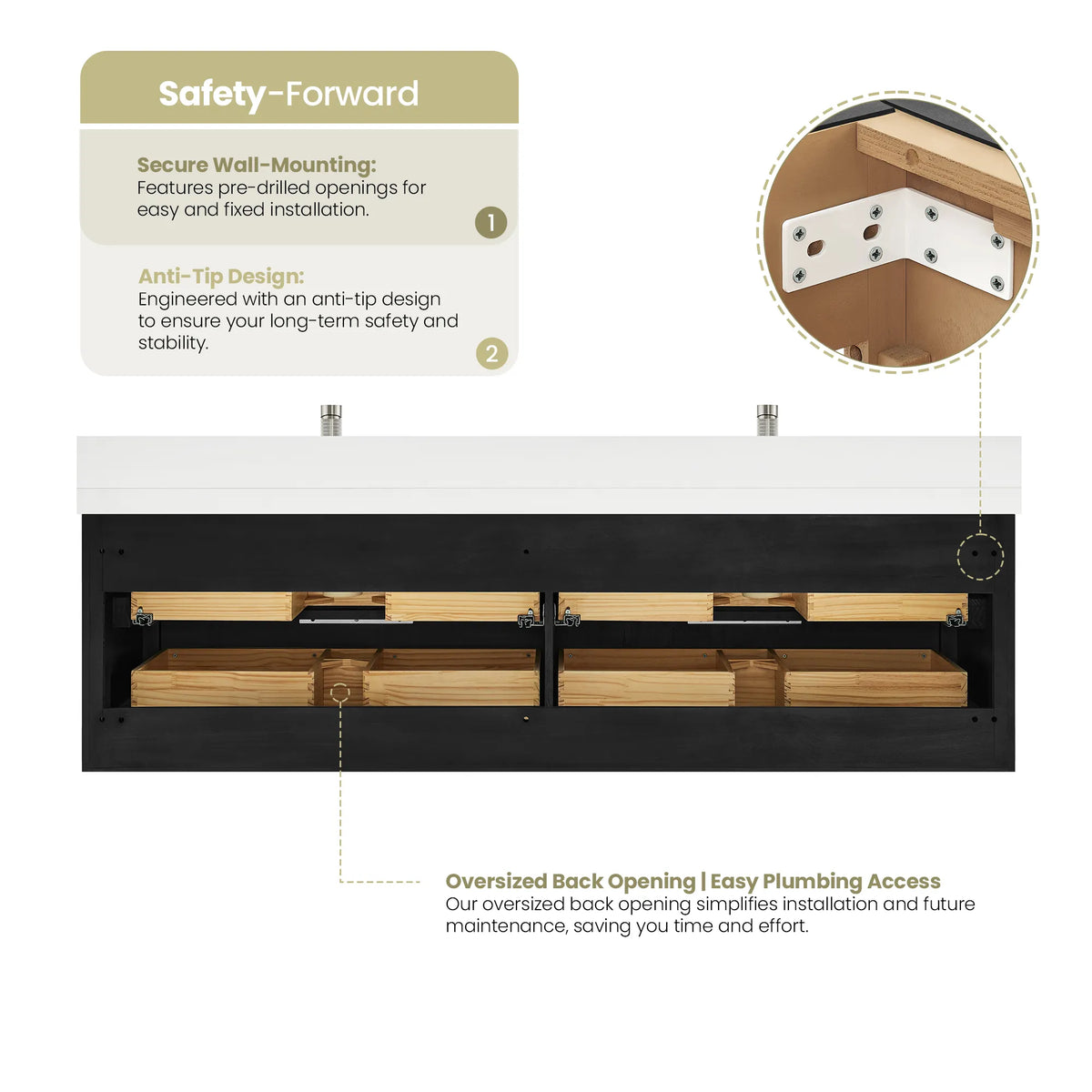 Back of the cabinet with an open rear for plumbing, plus notes on wall mounting and anti-tip design
