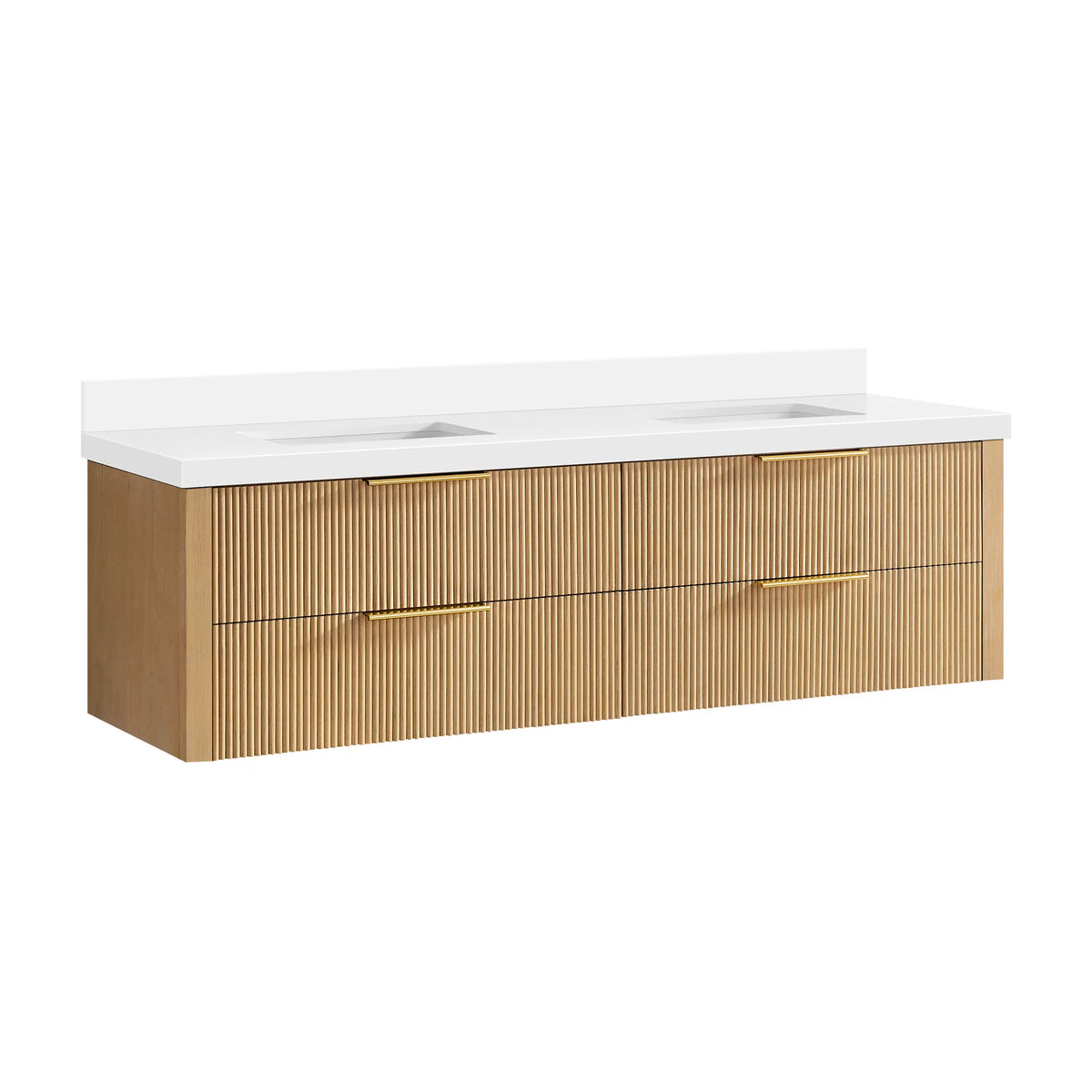 Wall-mounted Washed Ash Grey 72 inch double bathroom vanity, four corrugated drawers and brushed gold handles