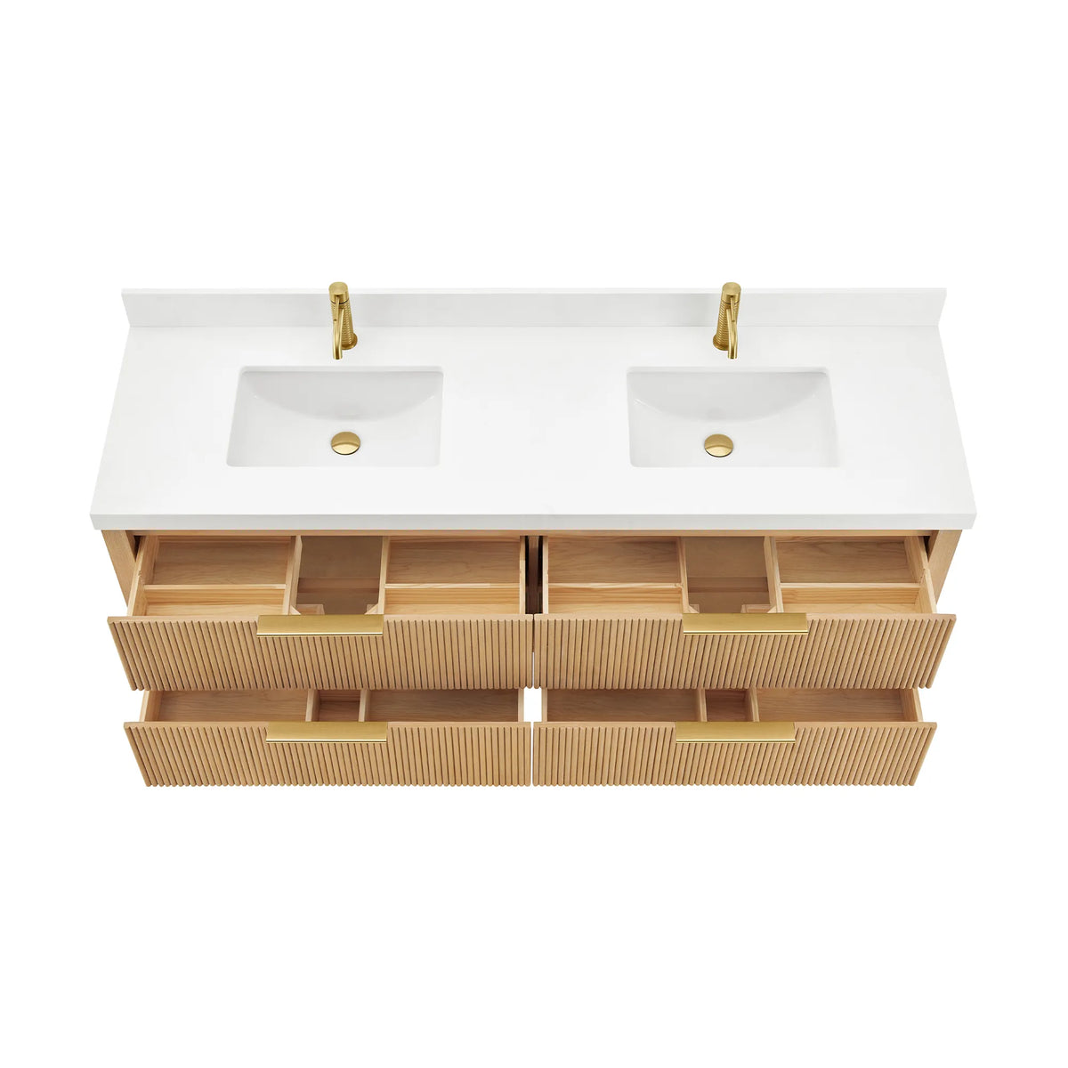 Drawers pulled out on the Washed Ash Grey vanity, showing built-in compartments inside