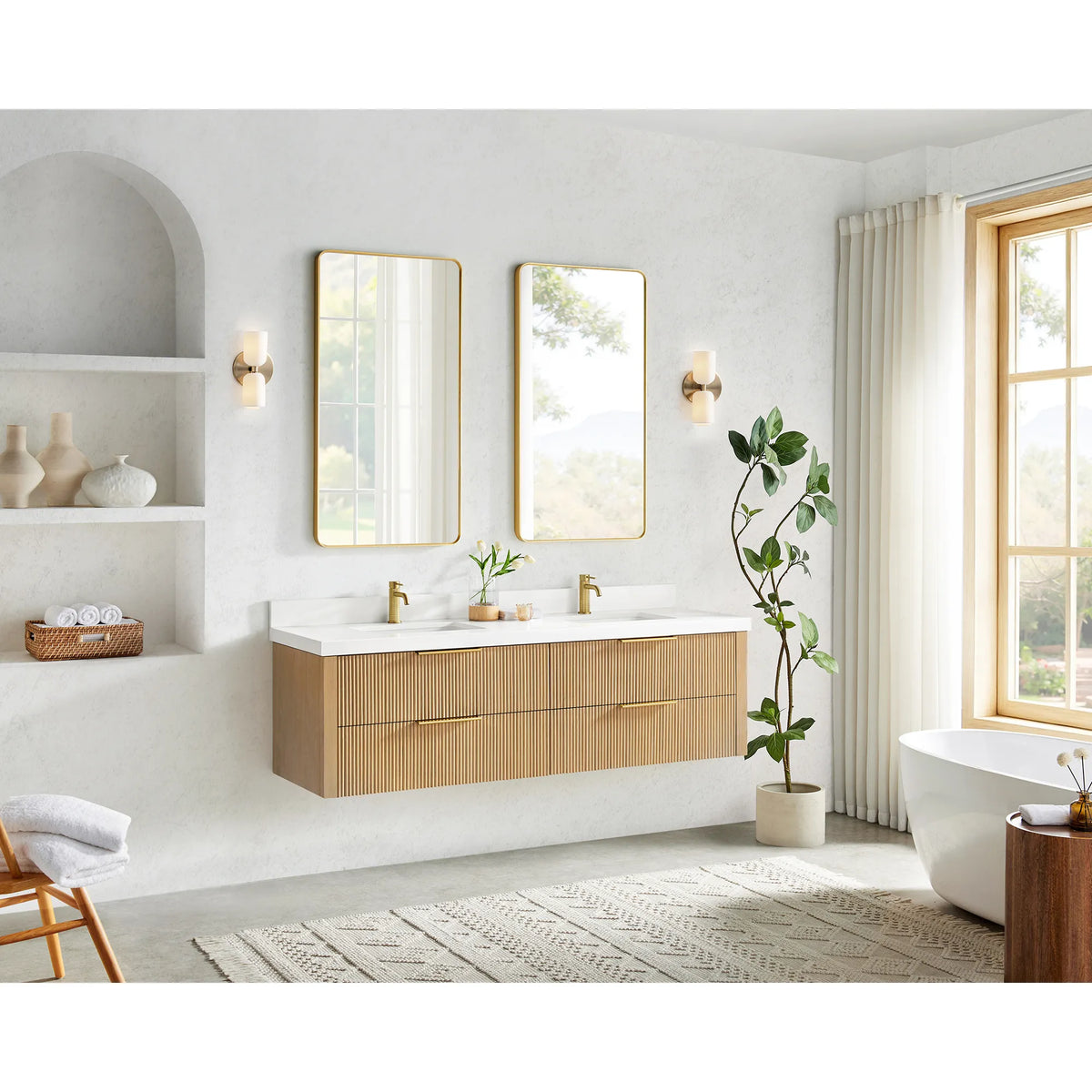 72 inch floating vanity in Washed Ash Grey, hung in a bright bathroom with a window, arched niche and soaking tub