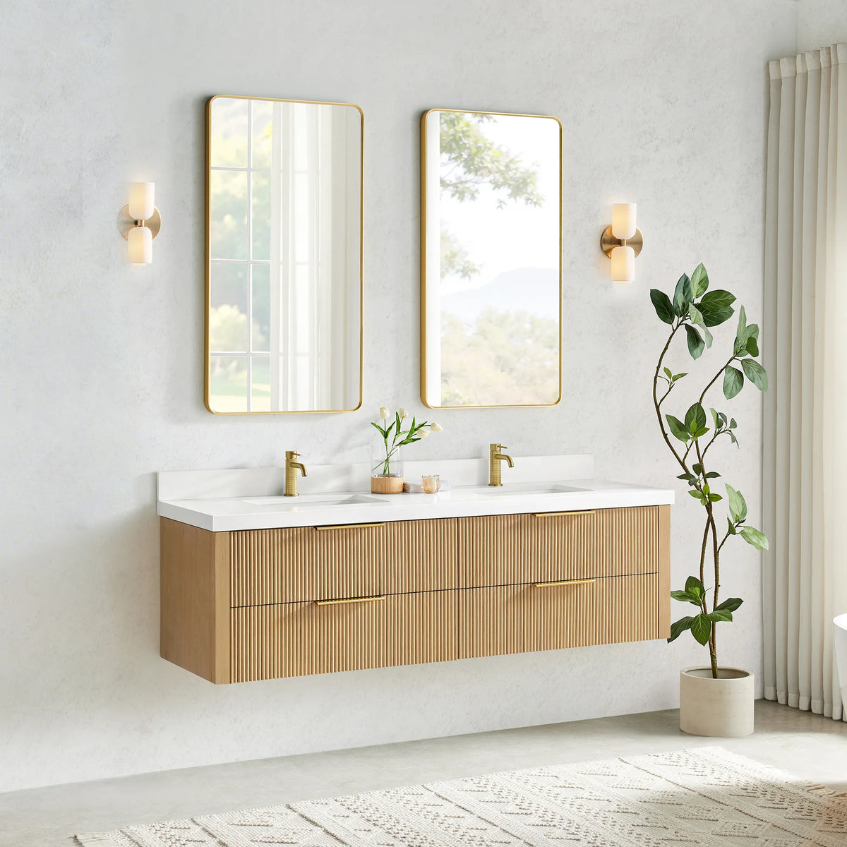 Washed Ash Grey floating vanity with sink and faucet, clear floor space below and a plant at right