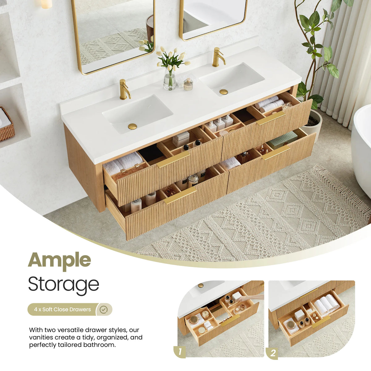 Drawers extended on the Washed Ash Grey vanity showing partitioned storage, with two close-up insets