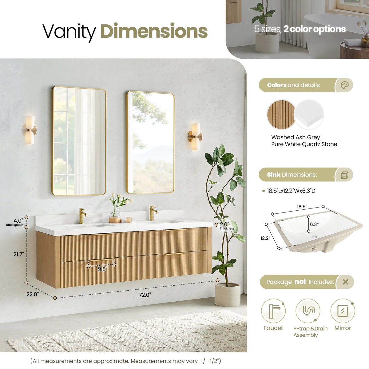 Size diagram for the Washed Ash Grey vanity listing 72.0 inch width, 22.0 depth and 21.7 height
