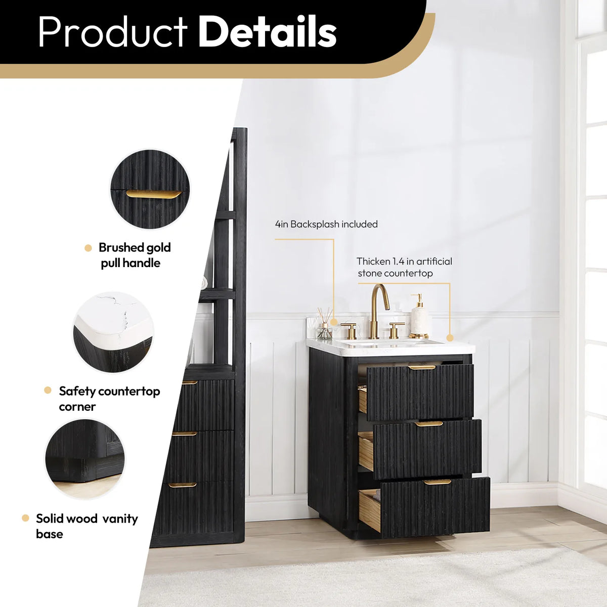 Product detail chart: brushed gold pull, backsplash top, safety countertop corner and wood vanity base