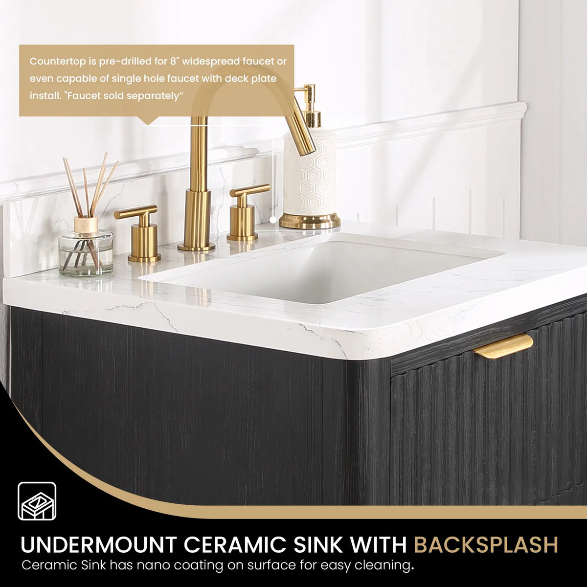 Detail: white ceramic undermount sink and backsplash on the composite top, pre-drilled for widespread faucets