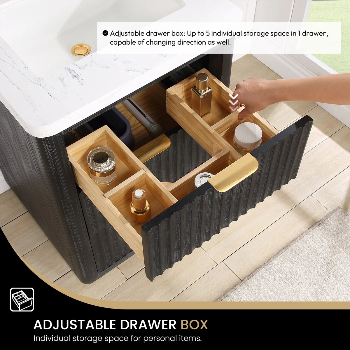 Adjustable drawer box detail: the movable insert divides a drawer into separate storage spaces