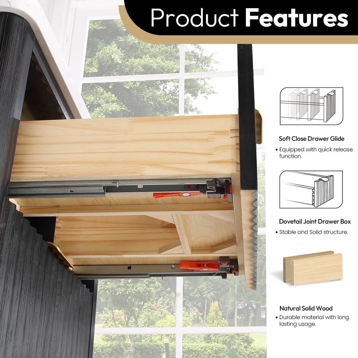 Feature callout on a drawer pulled open: quick-release soft-close glide, dovetail joint box and wood