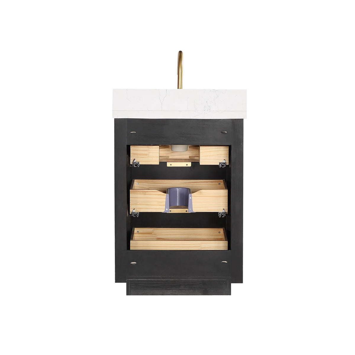 Open view of the 24 inch vanity cabinet on white with the wood drawer boxes and inserts showing