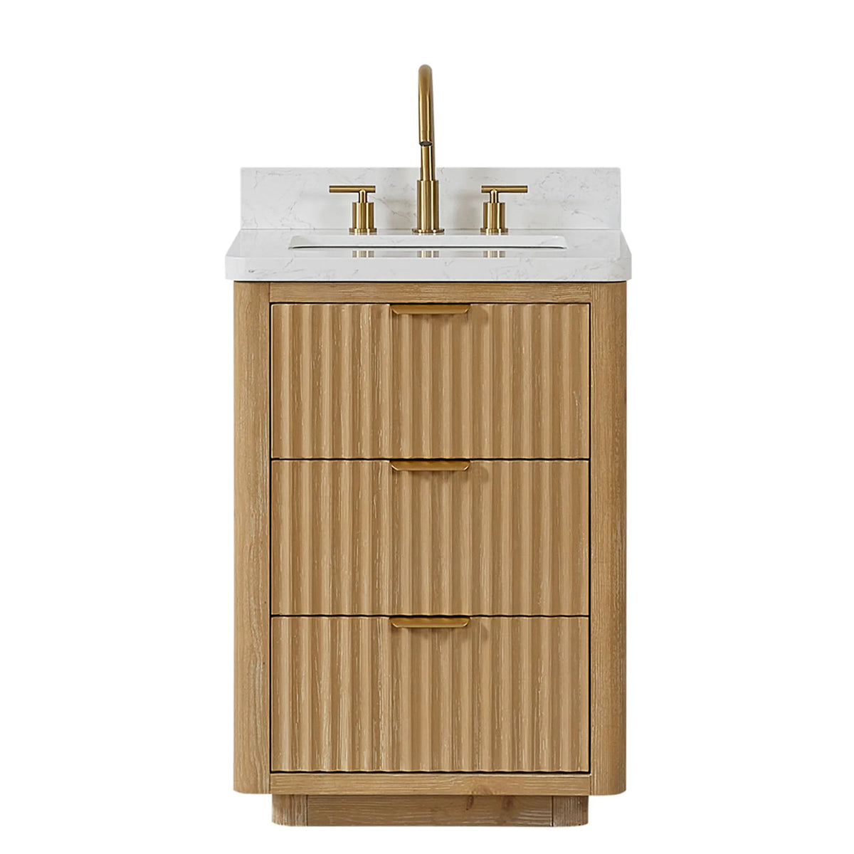 Studio front view, displayed faucet on the Lightning White top above the 24 inch Washed Ash Grey cabinet