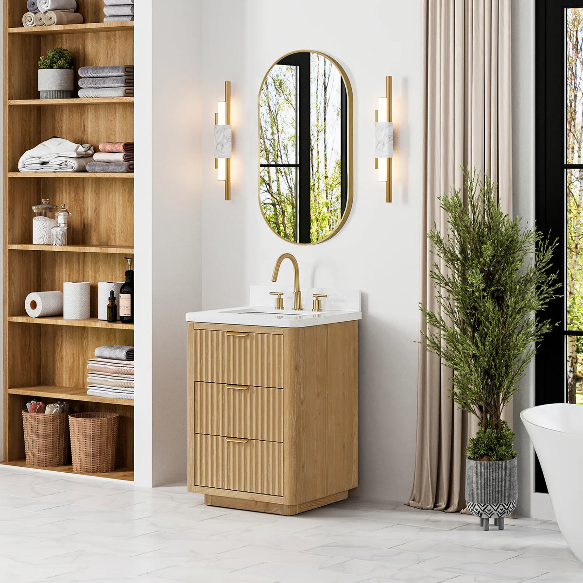 Bathroom scene with the 24 inch single vanity next to an open shelving unit stocked with towels