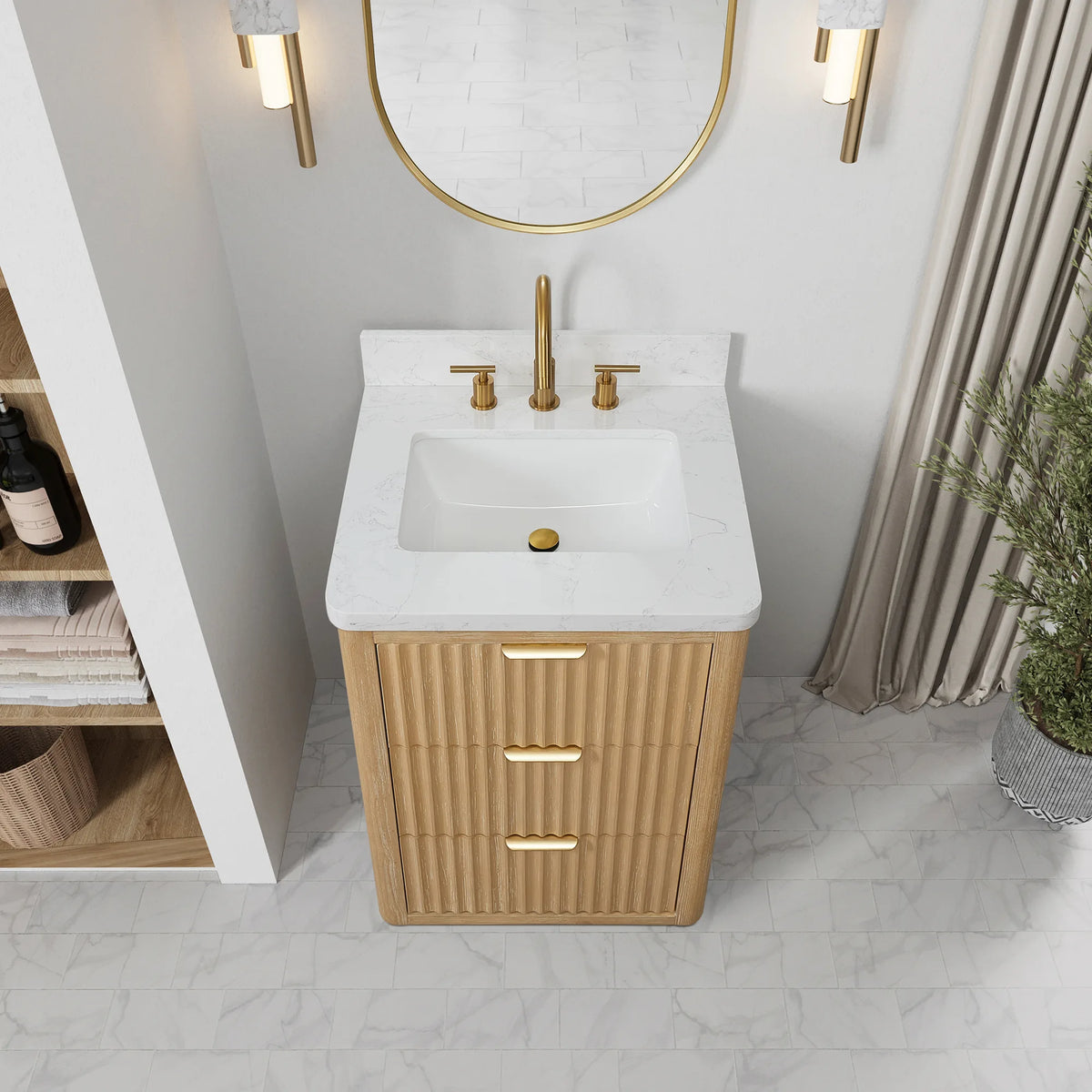 High-angle view of the 24 inch vanity top with a white ceramic undermount sink and widespread faucet