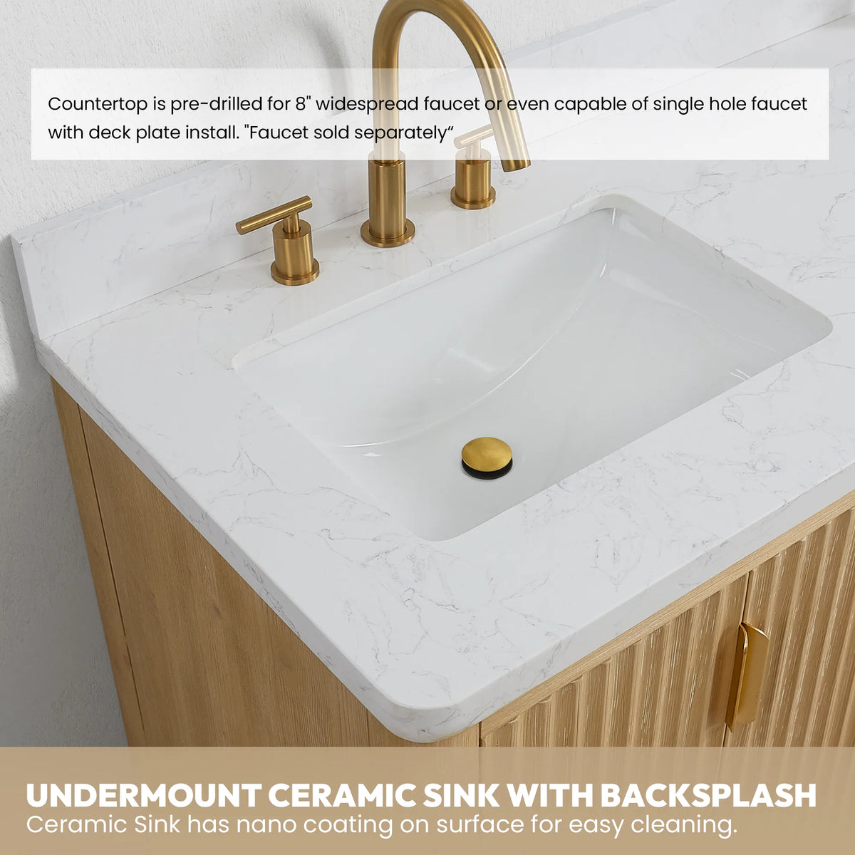 Callout on the bright white ceramic undermount sink and backsplash of the Lightning White top