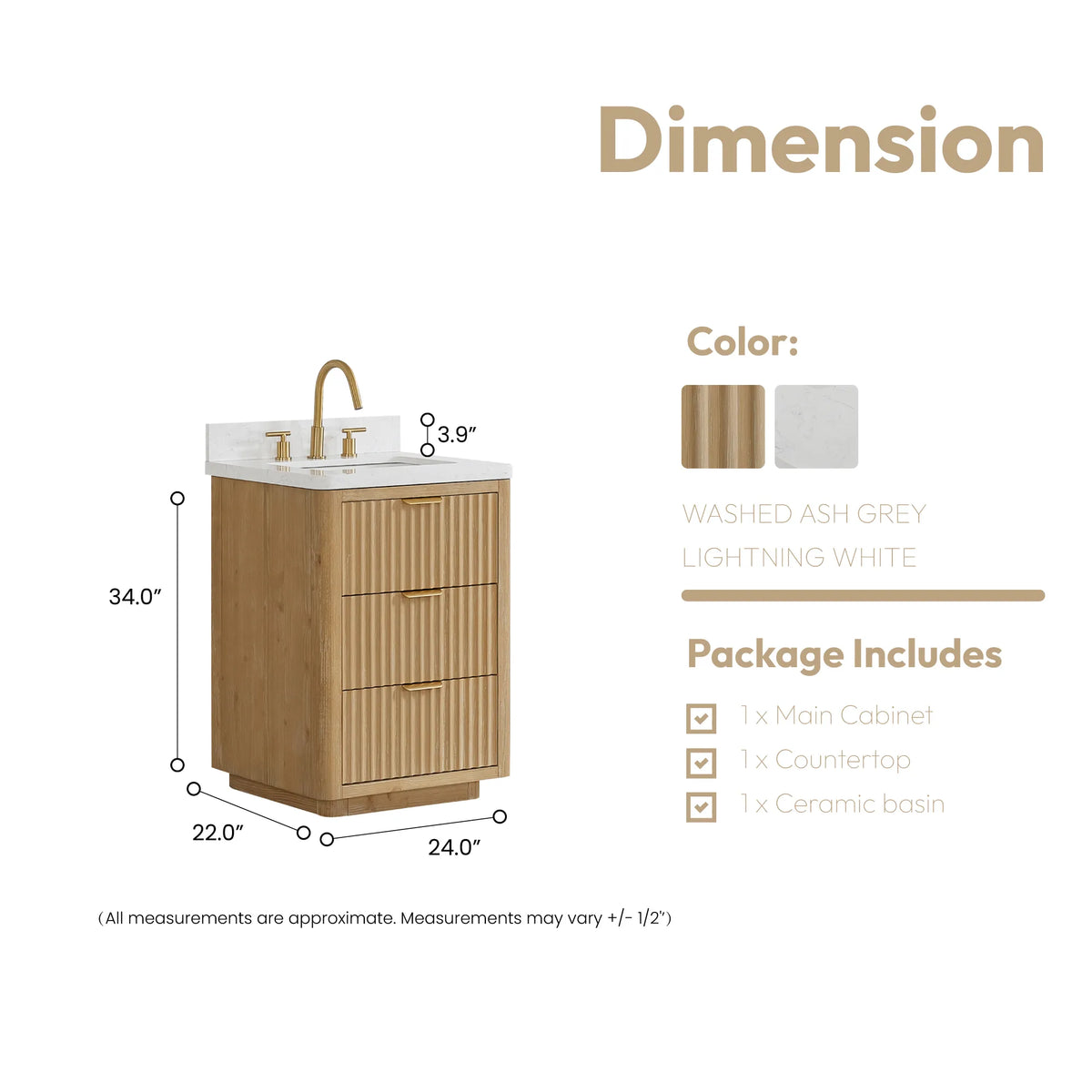 Size diagram for the 24 inch single vanity, 24 inch width by 22 inch depth by 34 inch height