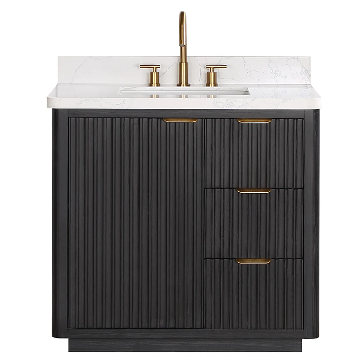 Front view on white of the 36 inch vanity with a widespread faucet shown on the top, faucet sold separately