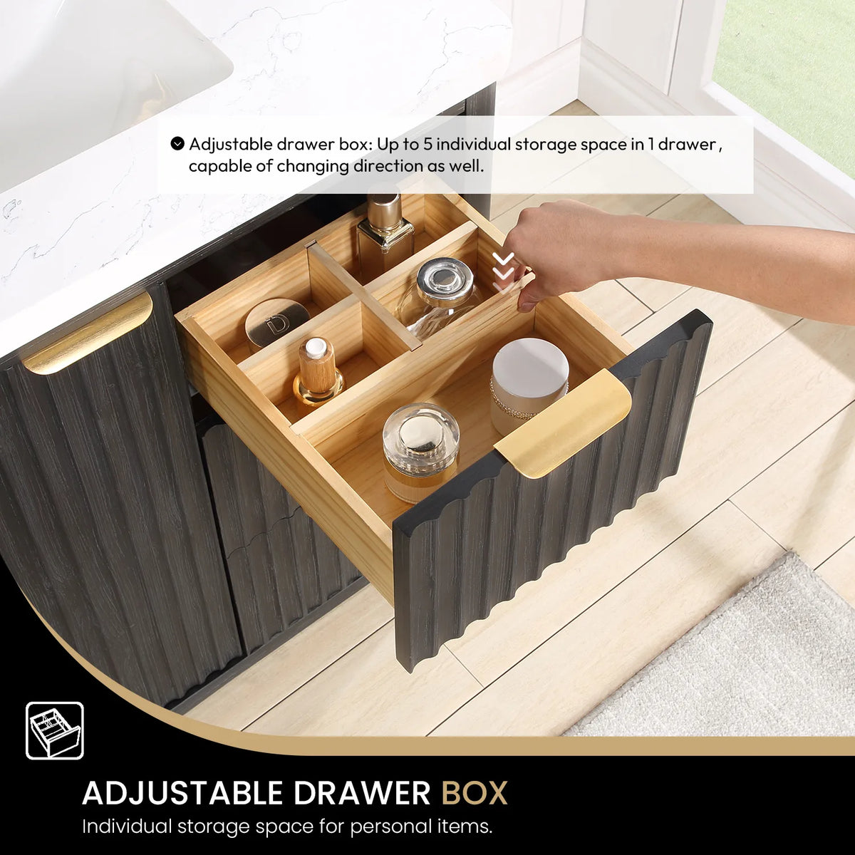 Adjustable drawer box detail: the drawer insert creates separate spaces for personal items