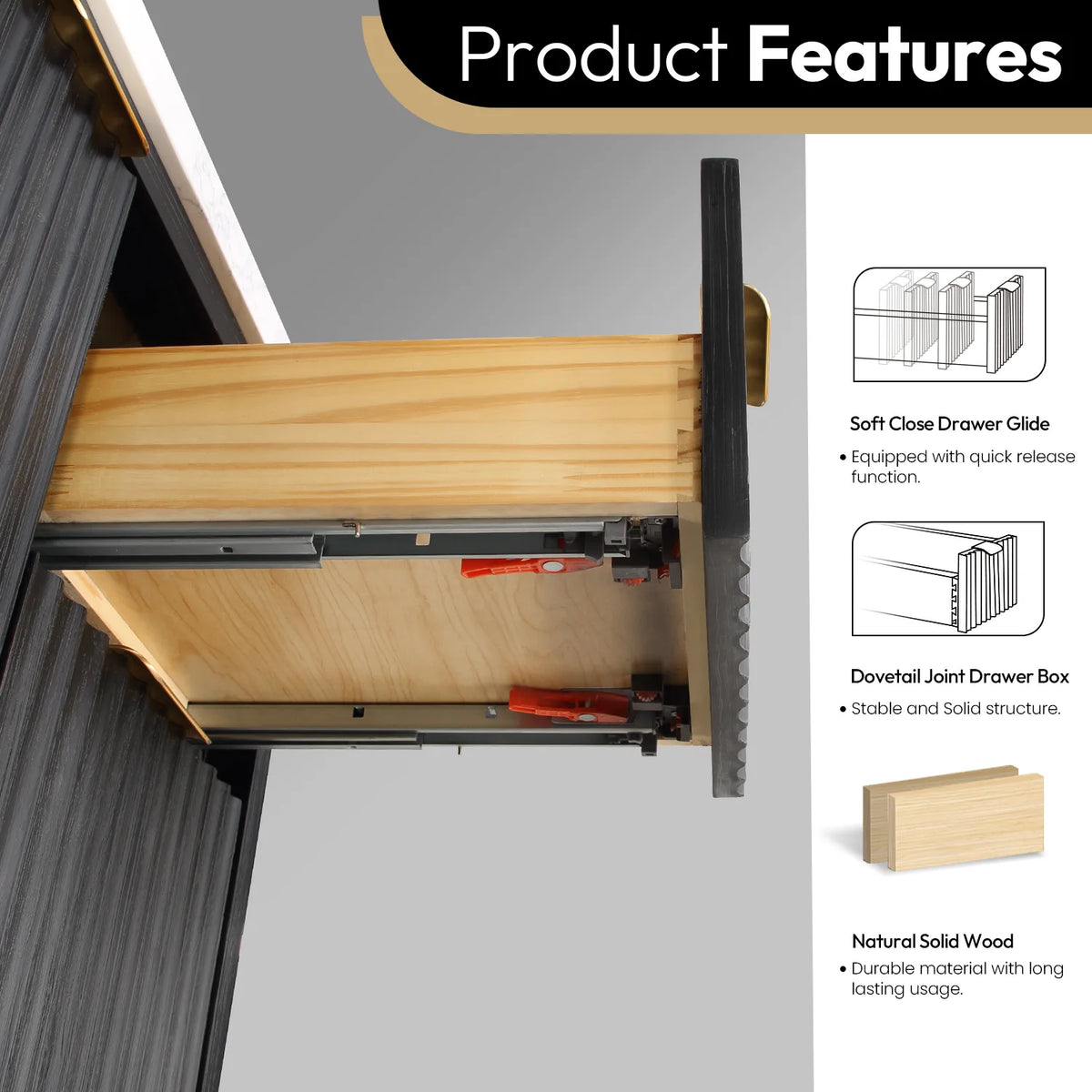 Drawer feature callout: quick-release soft-close glide, dovetail joint box and wood