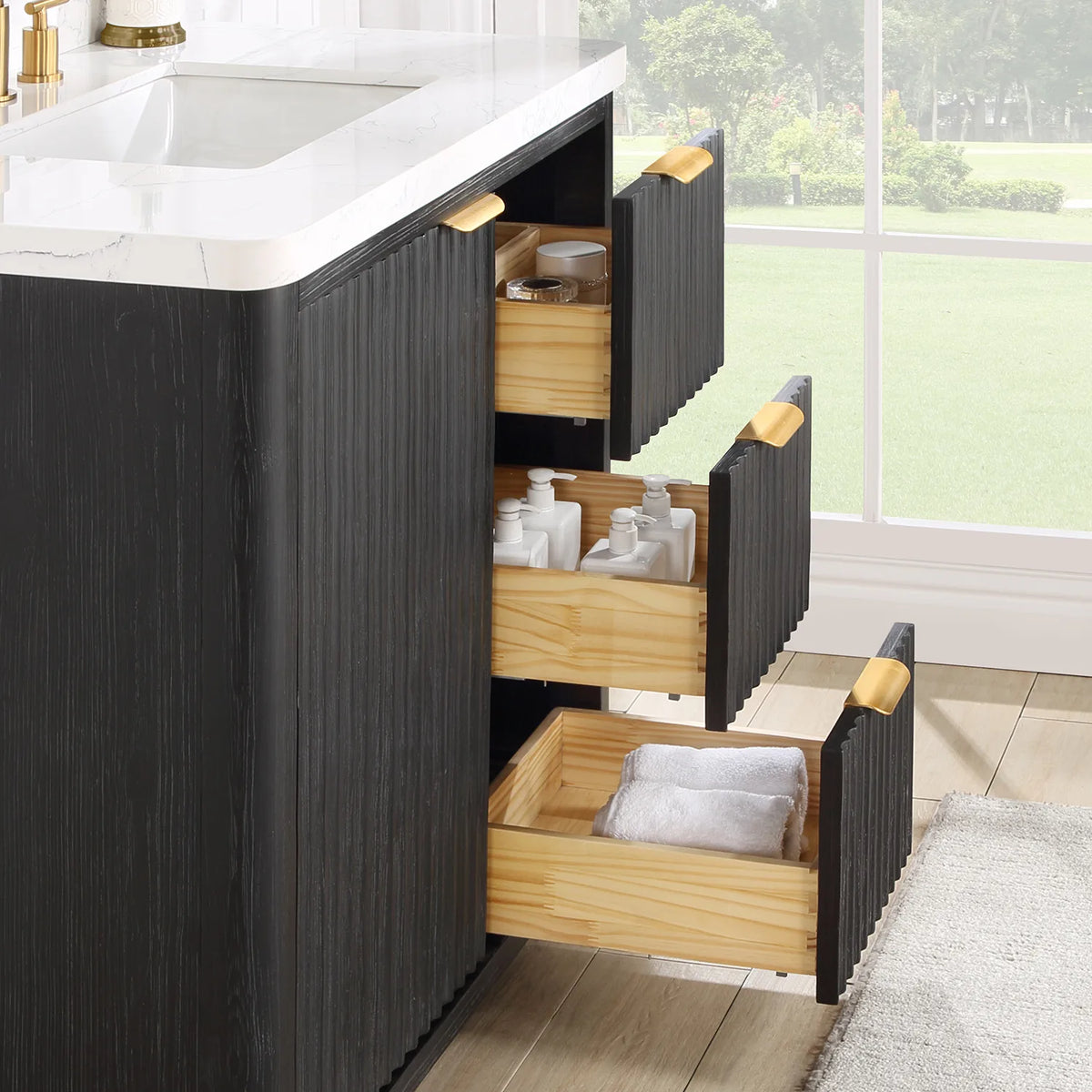 Open drawers on the 36 inch Fir Wood Black vanity, showing the wooden drawer boxes and what they hold