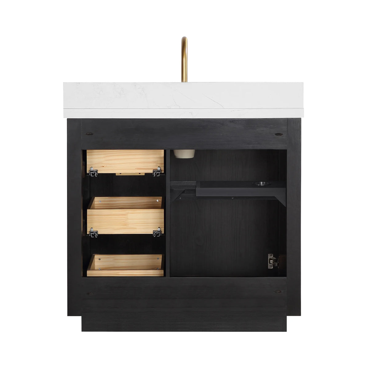 Studio view of the vanity cabinet opened up, wooden drawer boxes on one side and open space beside them