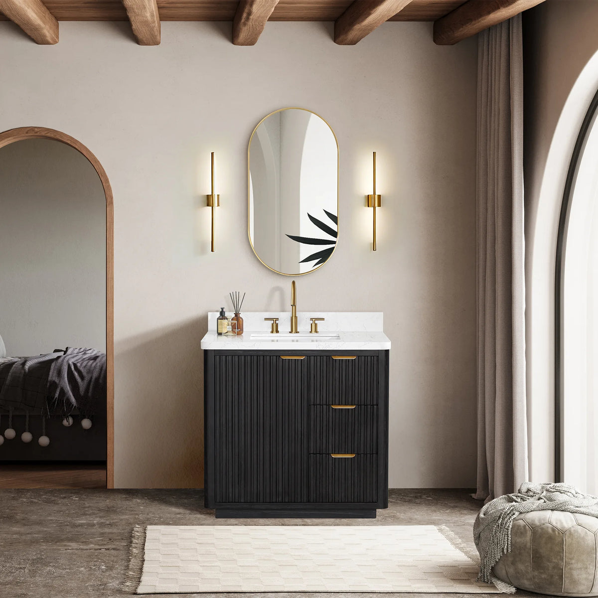 Styled room: 36 inch Fir Wood Black vanity below an oval mirror, between wall sconces and a rug