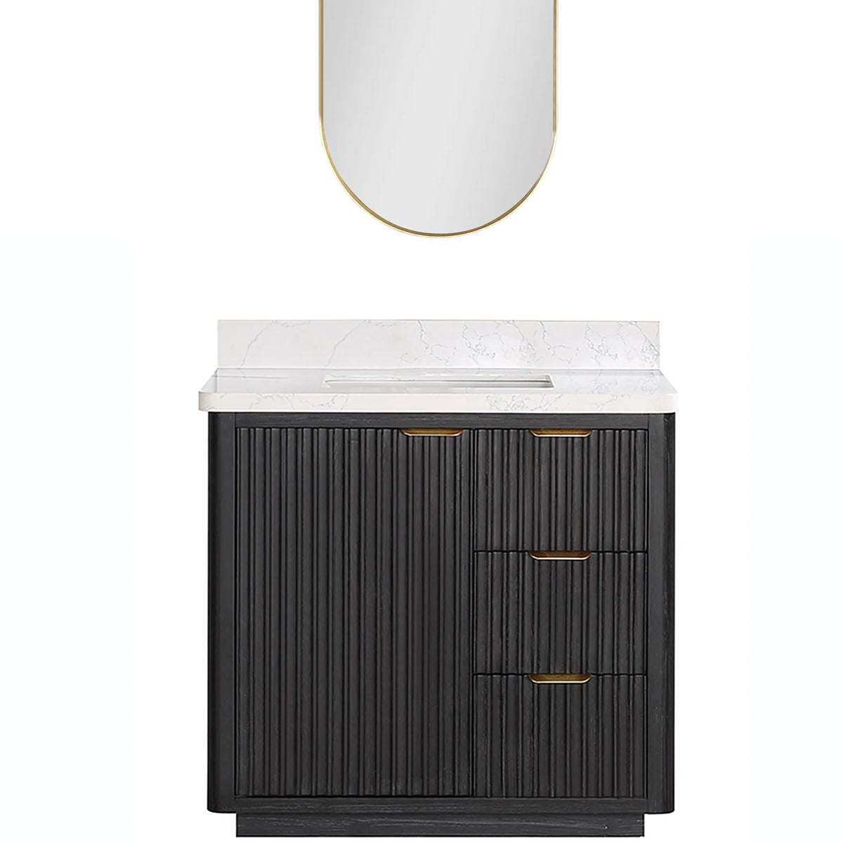 Single 36 inch vanity shown with its oval aluminum-framed mirror, top of the mirror cropped in the frame