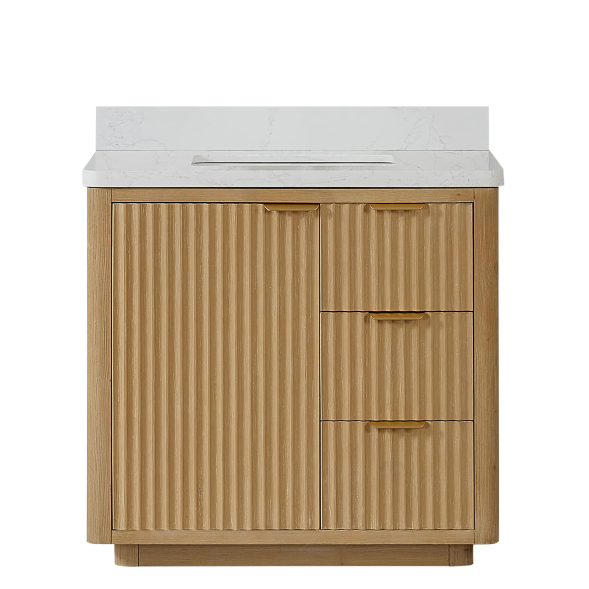 Freestanding Washed Ash Grey 36 inch single bathroom vanity, Lightning White composite top with backsplash